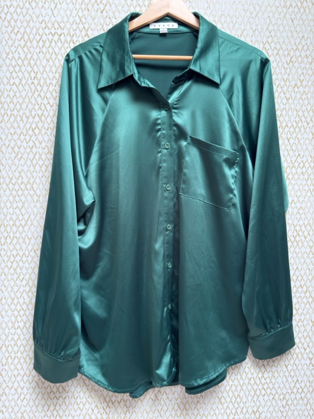 HYFVE Satin Button Down Shirt Forest Green Oversized Silky Blouse Size L - Picture 4 of 9